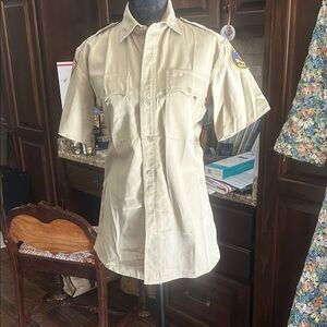 Vintage Sz S/M Navy ROTC Beige Short Sleeve Uniform Military Shirt GVC